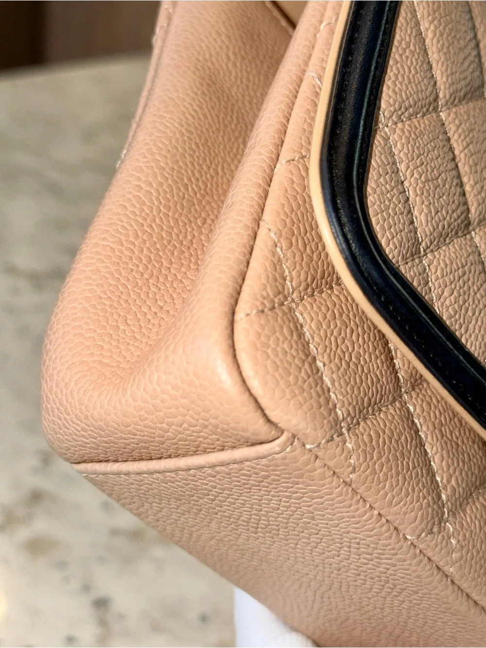 CHANEL Small CC Filigree Flap Bag Beige Black, Caviar Leather GHW